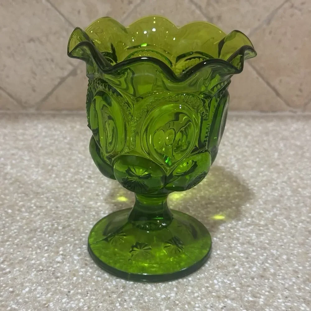 Vintage LE Smith Green Moon & Stars‎ Ruffled Footed Open Vase Compote 5 3/4